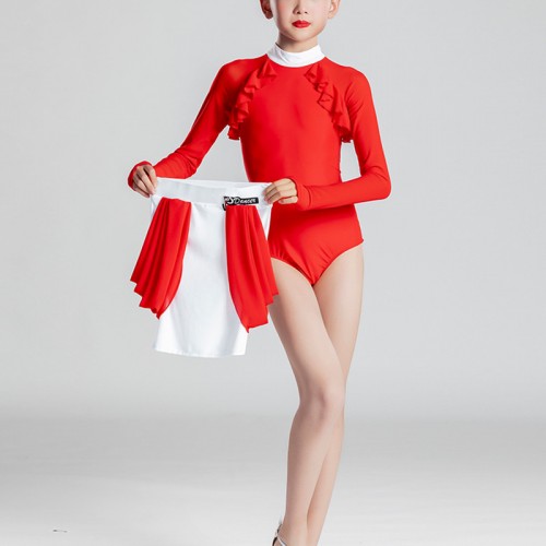 Red with white girls kids  competition latin dance dresses for kids professional latin ballroom performance costumes for children leotard top and skirt